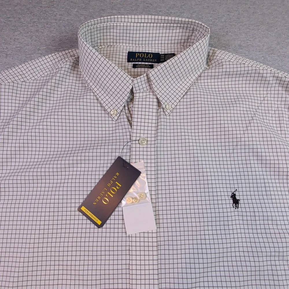 Polo Ralph Lauren Mens XXL Classic Fit Performance Shirt White Brown Windowpane